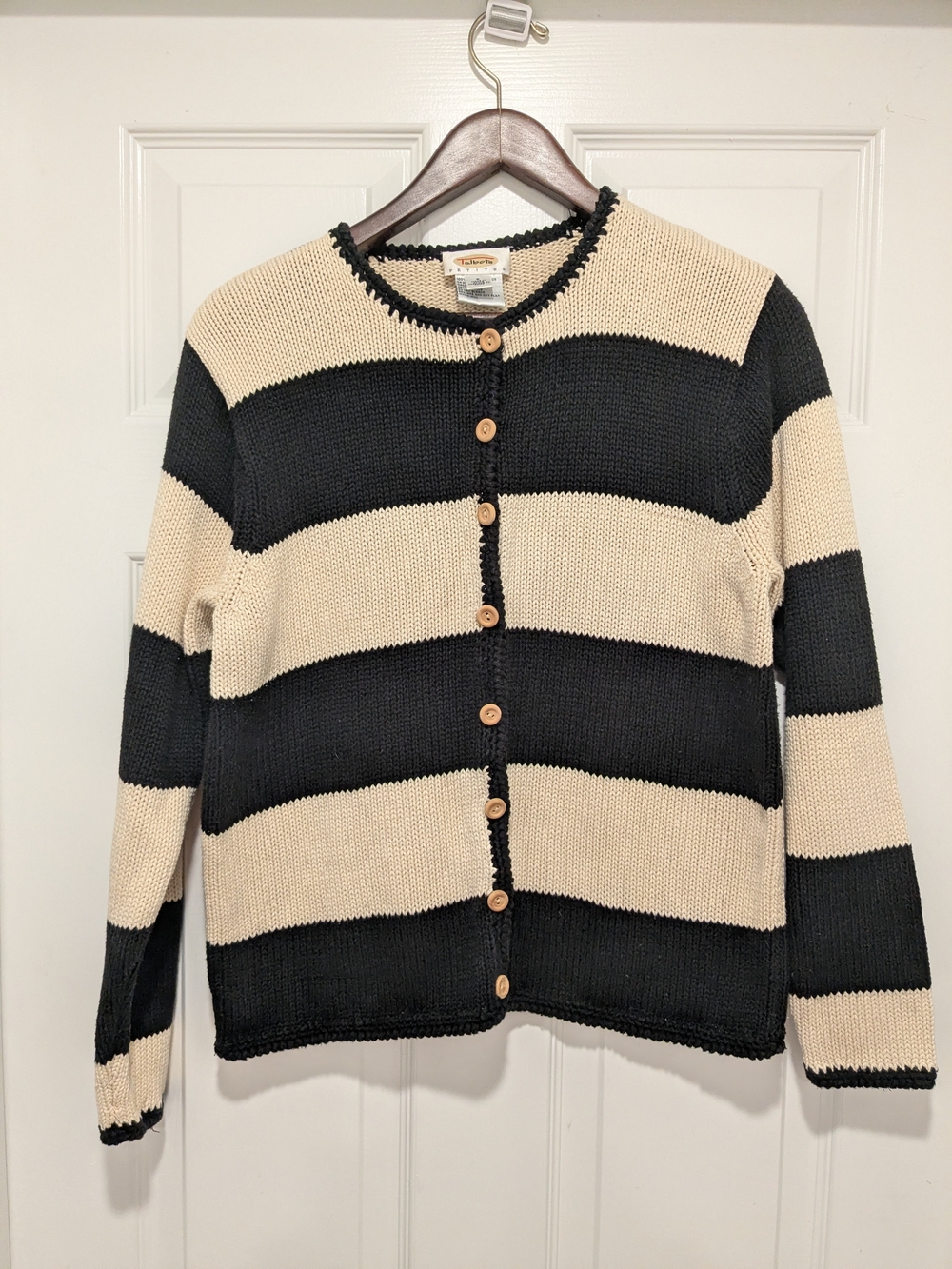 Talbots Black and Cream Wide-Stripe Button Cardigan